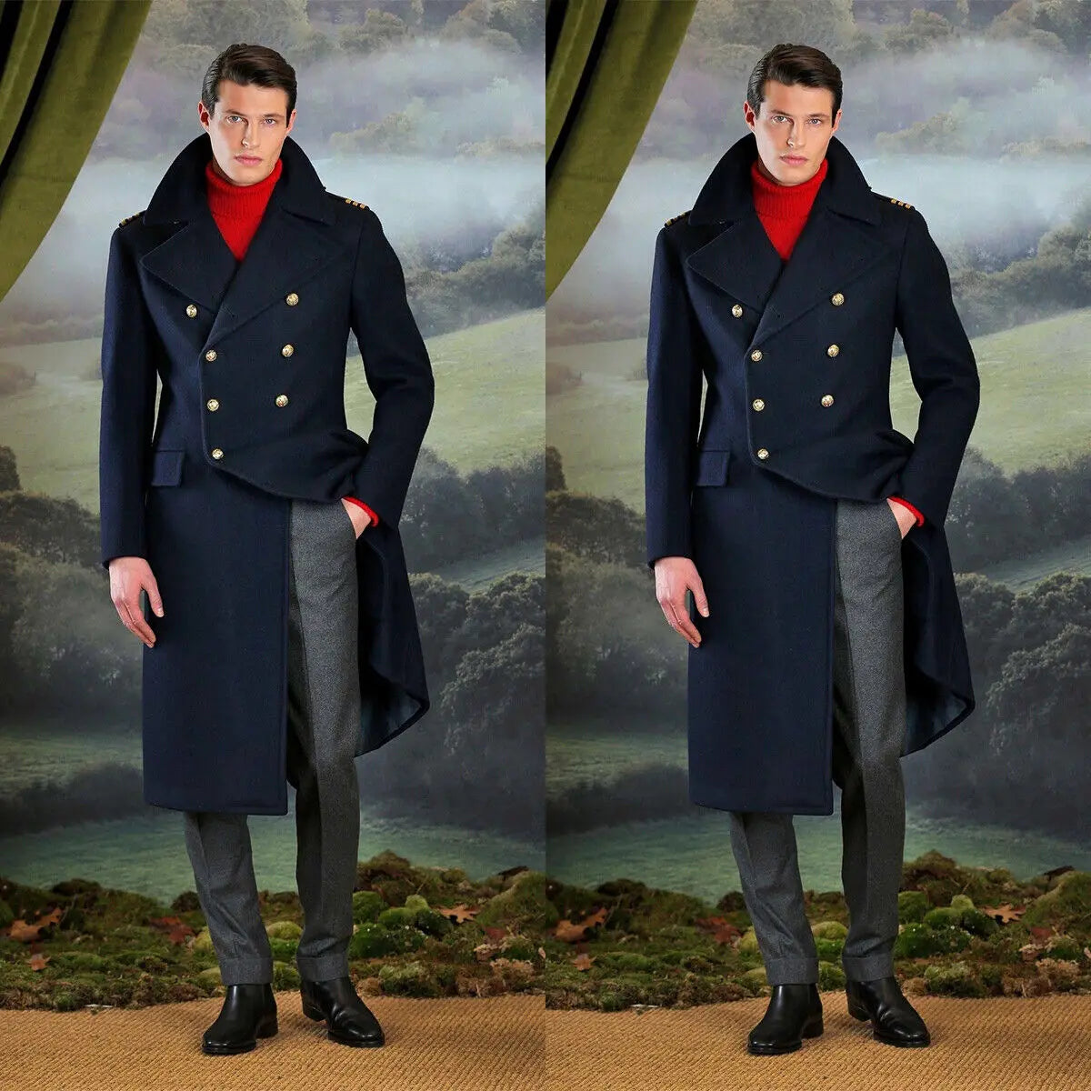 Men Dark Blue Classic Fall Overcoat Long Jacket Heavy Double Breasted Wedding Coat Tuxedos