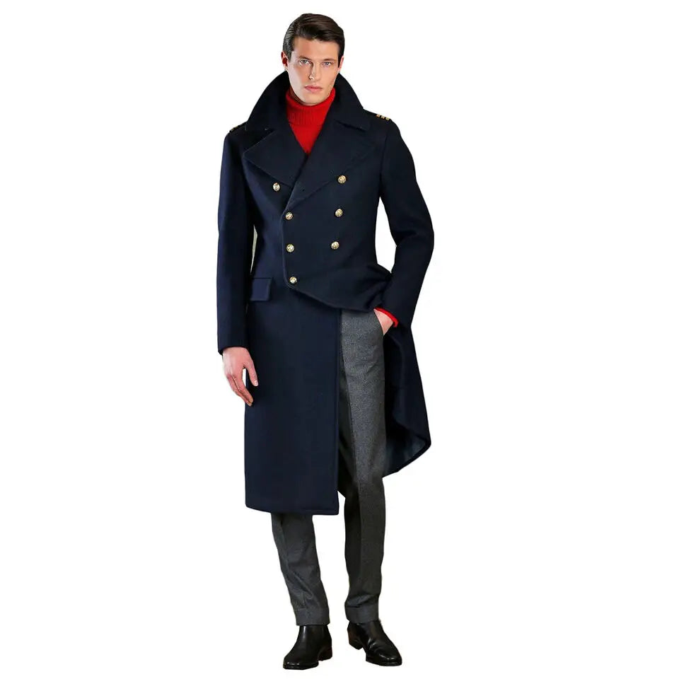 Manteau d'automne classique bleu foncé pour homme, veste longue, manteau croisé épais, smoking de mariage 