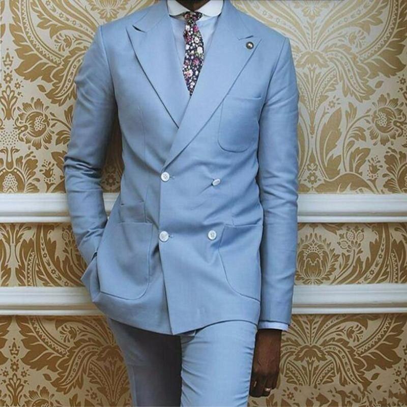 Trajes formales de doble botonadura azul claro para hombre, conjunto de esmoquin formal para boda, chaqueta y pantalones. 