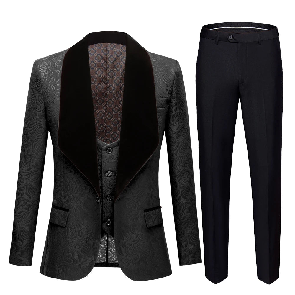 Men Big Shawl Lapel 3 Pieces Set Pink Red Blue White Black Wedding Groom Suits Jacquard Banquet Tuxedo