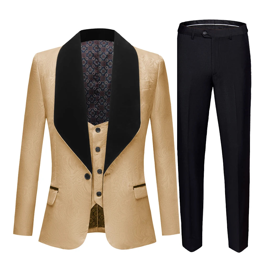 Men Big Shawl Lapel 3 Pieces Set Pink Red Blue White Black Wedding Groom Suits Jacquard Banquet Tuxedo