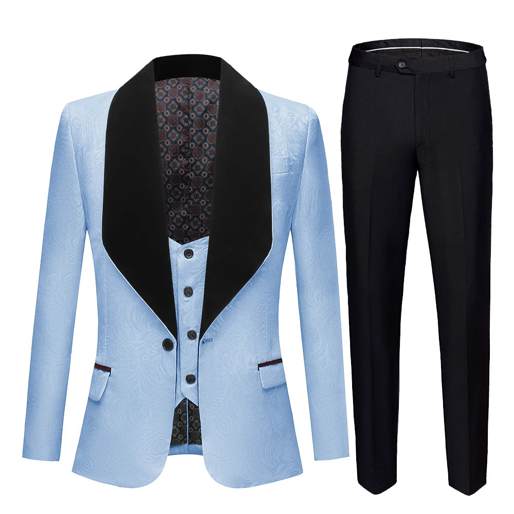 Men Big Shawl Lapel 3 Pieces Set Pink Red Blue White Black Wedding Groom Suits Jacquard Banquet Tuxedo