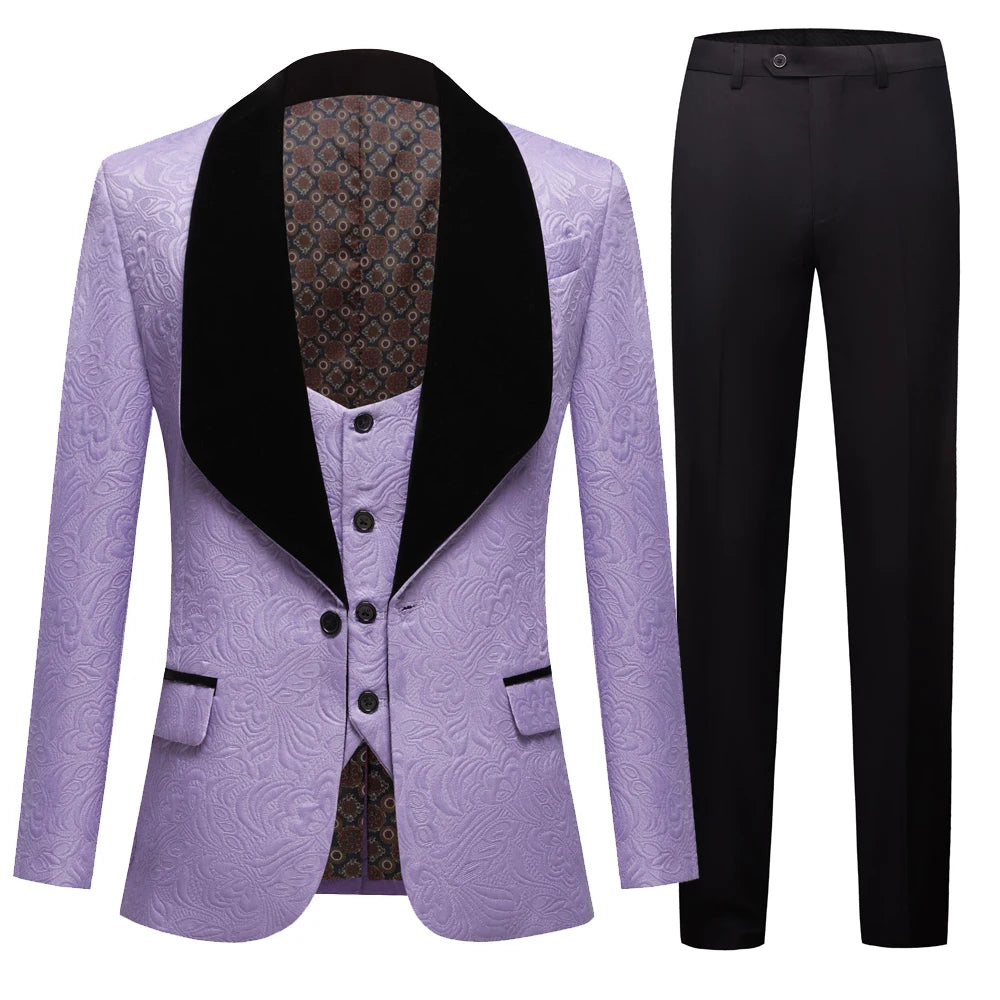 Men Big Shawl Lapel 3 Pieces Set Pink Red Blue White Black Wedding Groom Suits Jacquard Banquet Tuxedo