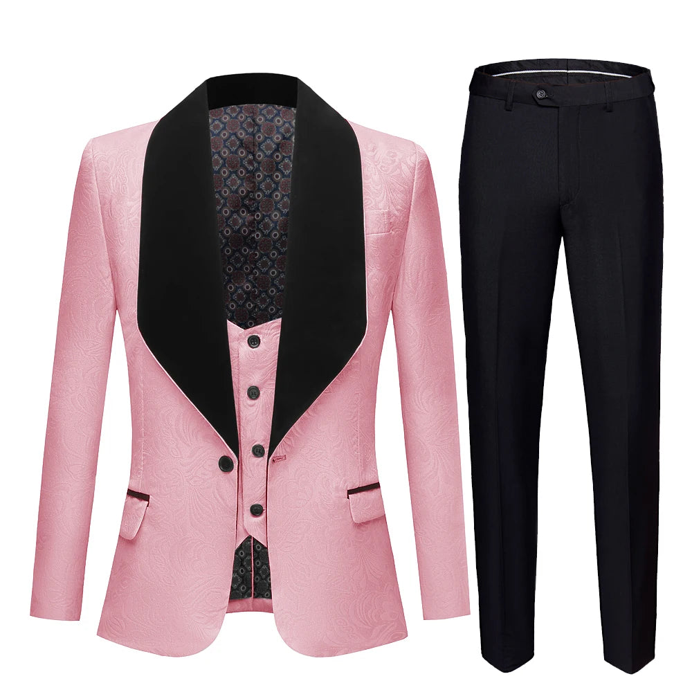 Men Big Shawl Lapel 3 Pieces Set Pink Red Blue White Black Wedding Groom Suits Jacquard Banquet Tuxedo