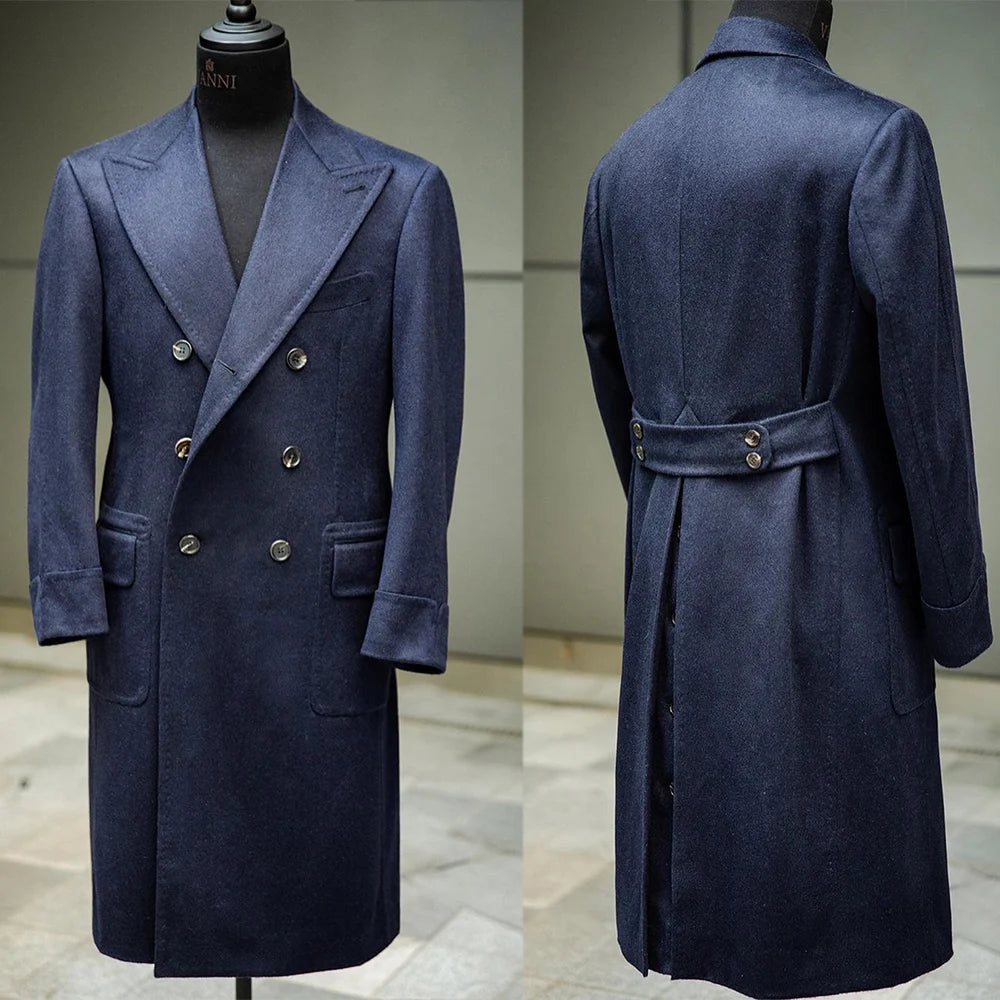 Men Navy Blue Overcoat Woolen Long Jacket Blazer New Year Party Wear Wedding Coat Tuxedos