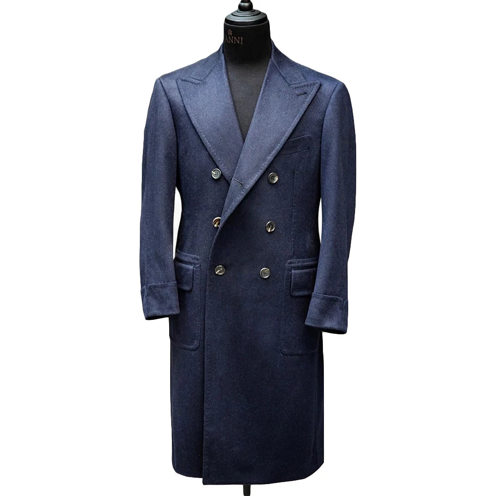 Men Navy Blue Overcoat Woolen Long Jacket Blazer New Year Party Wear Wedding Coat Tuxedos