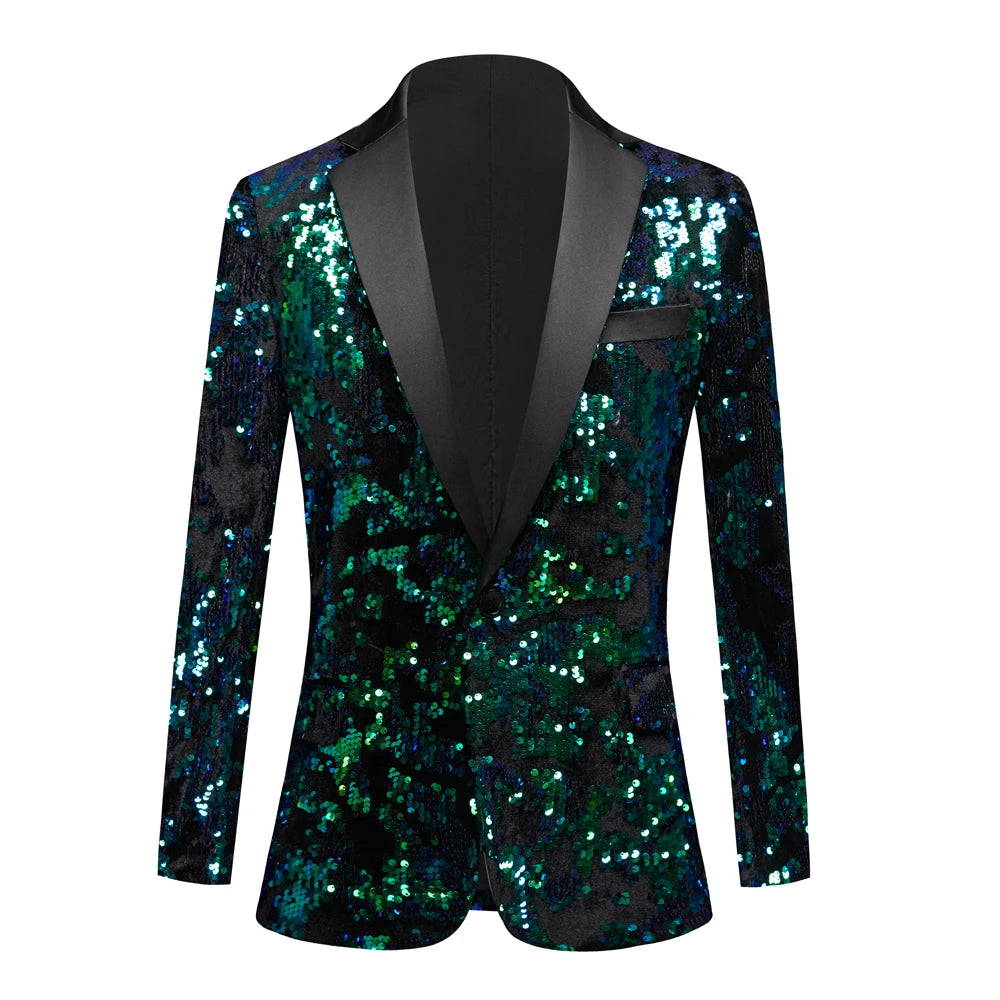 Costume de smoking à paillettes vert brillant pour homme, blazer, col châle, veste de costume, soirée, dîner, mariage, bal, chanteur 