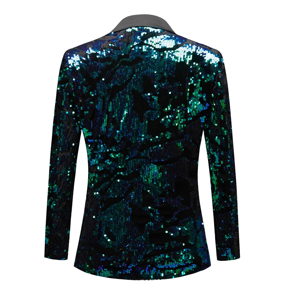 Men Shiny Green Sequin Tuxedo Suit Blazers Man Shawl Collar Dress Suit Jacket Party Dinner Wedding Prom Singer Costume
