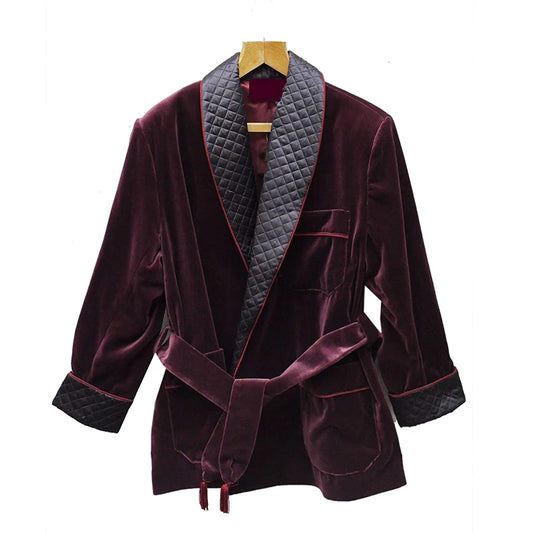 Men Smoking Jacket Burgundy Velvet Overcoat Robes Blazer New Year Party Wear Wedding Coat Tuxedos