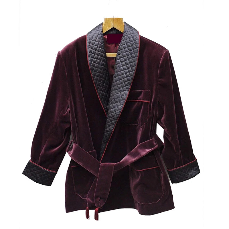 Men Smoking Jacket Burgundy Velvet Overcoat Robes Blazer New Year Party Wear Wedding Coat Tuxedos