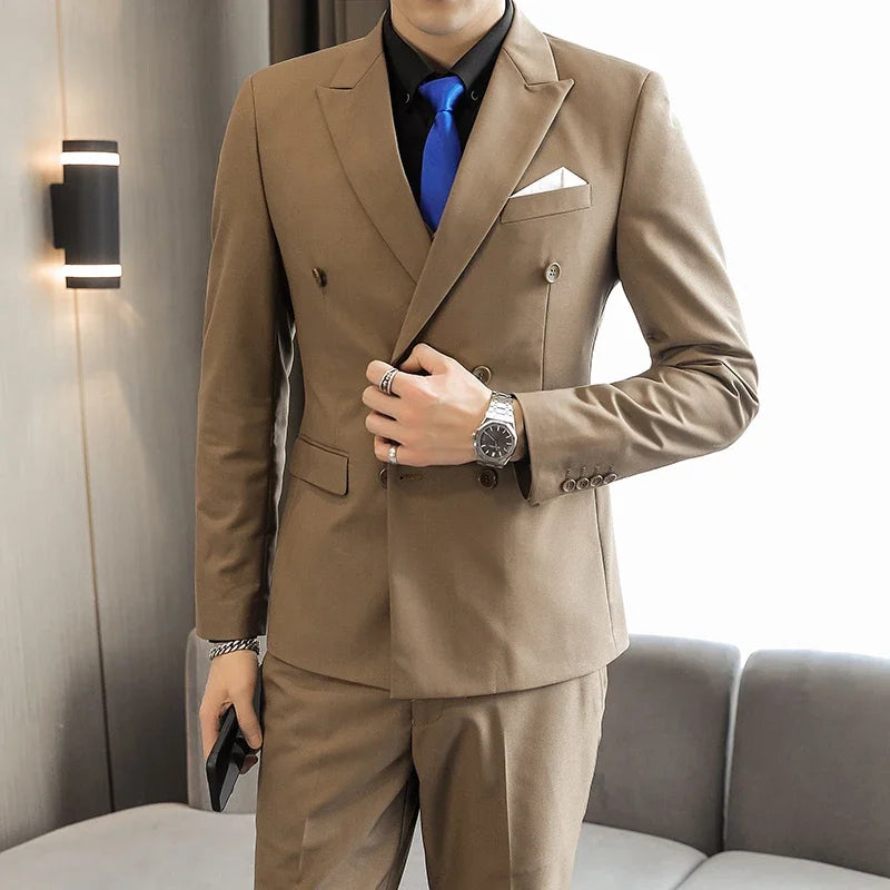 Men's Tan Double-Breasted Blazer and Pants Suit with Blue Tie