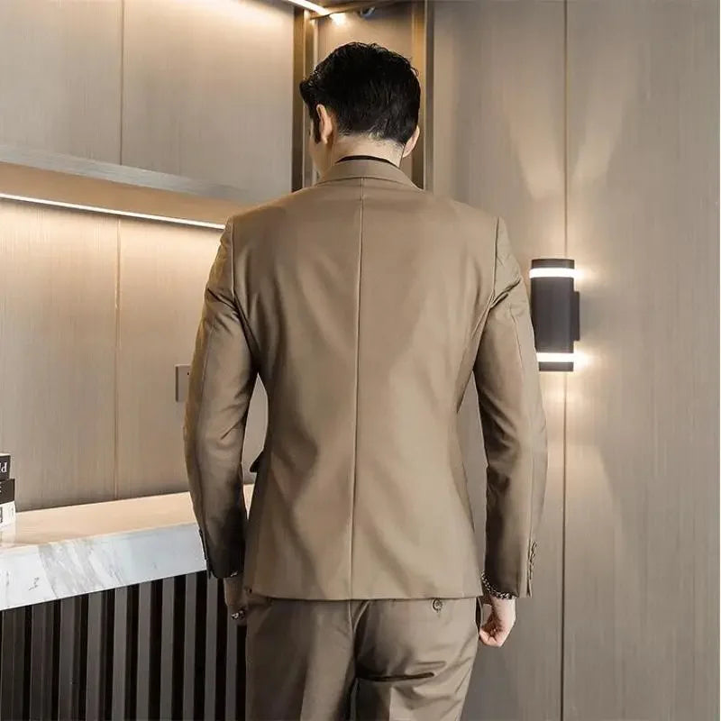 Men's Tan Double-Breasted Blazer and Pants Suit with Blue Tie