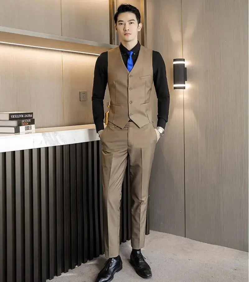 Men's Tan Double-Breasted Blazer and Pants Suit with Blue Tie
