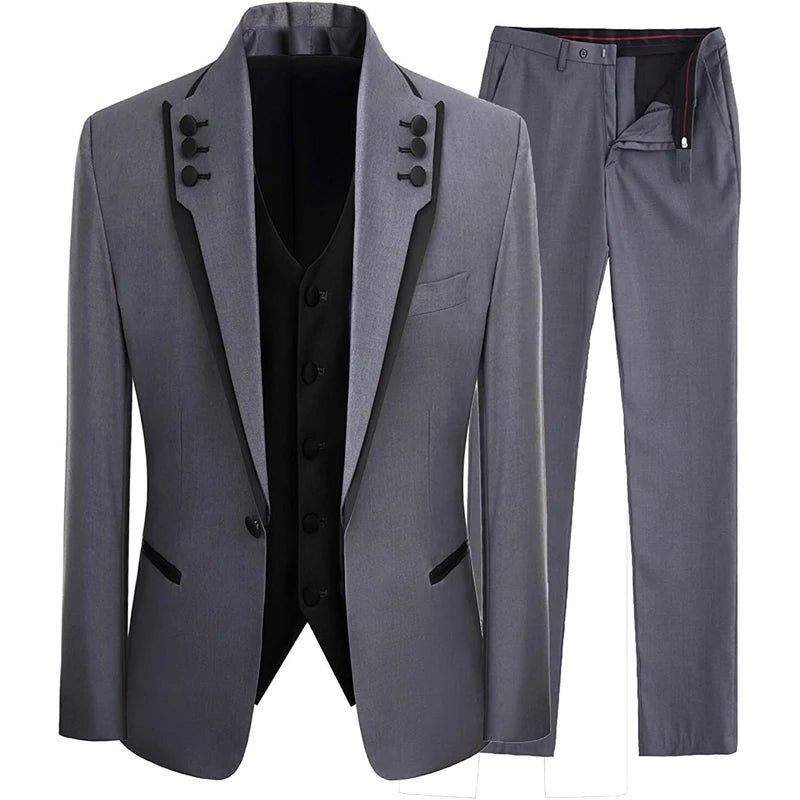 Men's Slim Fit 3-Piece Formal Tuxedo Suit Set for Bridegroom, Wedding & Party (Blazer, Vest, Pants)