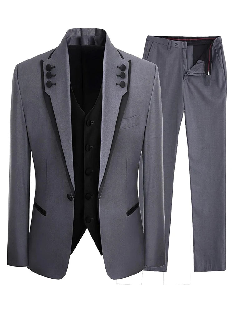 Men's Slim Fit 3-Piece Formal Tuxedo Suit Set for Bridegroom, Wedding & Party (Blazer, Vest, Pants)