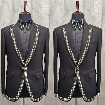 Men Wedding Tuxedos Design Custom Made Beading Suits Jacket Formal Peaked Lapel Slim Fit Groom Wear Only One Coat