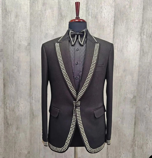 Men Wedding Tuxedos Design Custom Made Beading Suits Jacket Formal Peaked Lapel Slim Fit Groom Wear Only One Coat