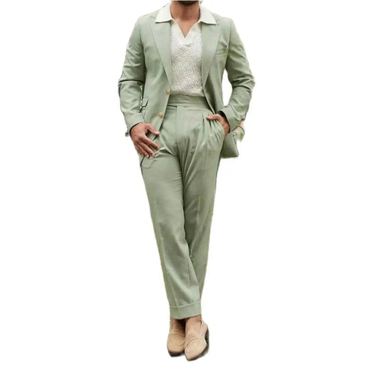 Mint Green Men Suits Single Breasted Peak Lapel Regular Length Formal Wedding Full Sets Elegant Male Clothing 2 Pcs Jacket Pants