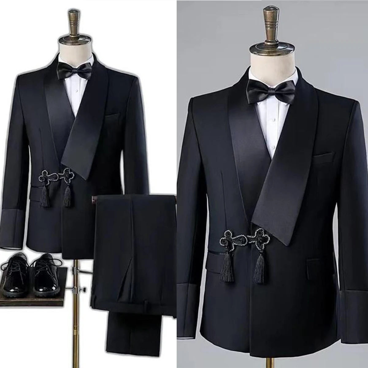 Elegant Black Tuxedo Suit with Tassel Shawl Lapel for Men – Perfect Groom Wedding Attire, Slim Fit 2-Piece Blazer and Pants