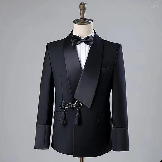 Elegant Black Tuxedo Suit with Tassel Shawl Lapel for Men – Perfect Groom Wedding Attire, Slim Fit 2-Piece Blazer and Pants