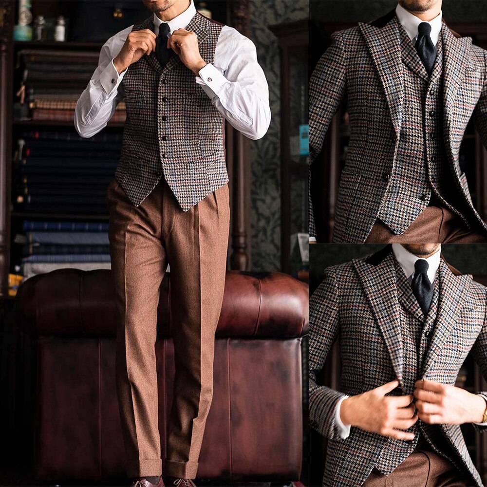 Modern Men Suits Tuxedo Two-Pieces Woolen Blend Jacket and Vest Wedding Party Singer Groom Black