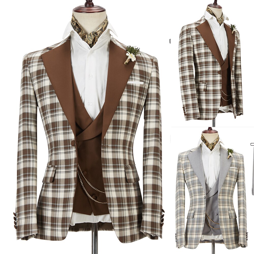 Trajes modernos para hombre con solapa chal de tres piezas con entramado, esmoquin de boda de diseñador, traje colorido para hombre, nuevo diseño 
