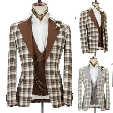 Modern Men Suits With Lattice Three-Pieces Shawl Lapel Designer Wedding Tuxedos colorful men New Suit Design