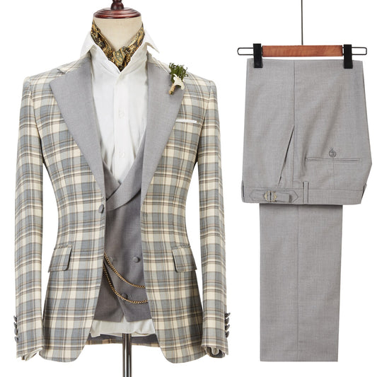 Trajes modernos para hombre con solapa chal de tres piezas con entramado, esmoquin de boda de diseñador, traje colorido para hombre, nuevo diseño 