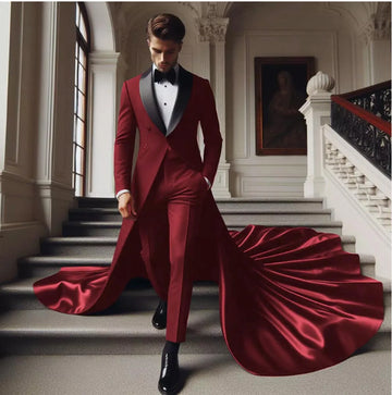 Elegant Burgundy Groom Suit with Shawl Lapel and Flowing Train - Custom Tailored Formal Attire for Weddings and Special Occasions