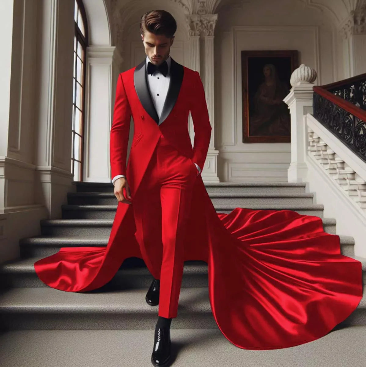 Elegant Burgundy Groom Suit with Shawl Lapel and Flowing Train - Custom Tailored Formal Attire for Weddings and Special Occasions