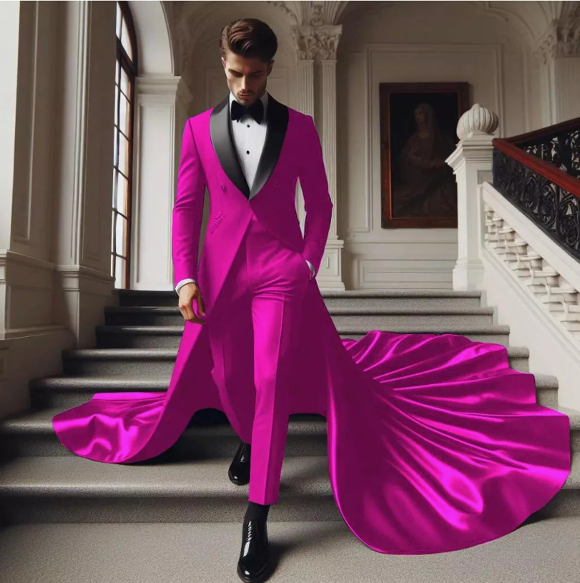 Elegant Burgundy Groom Suit with Shawl Lapel and Flowing Train - Custom Tailored Formal Attire for Weddings and Special Occasions