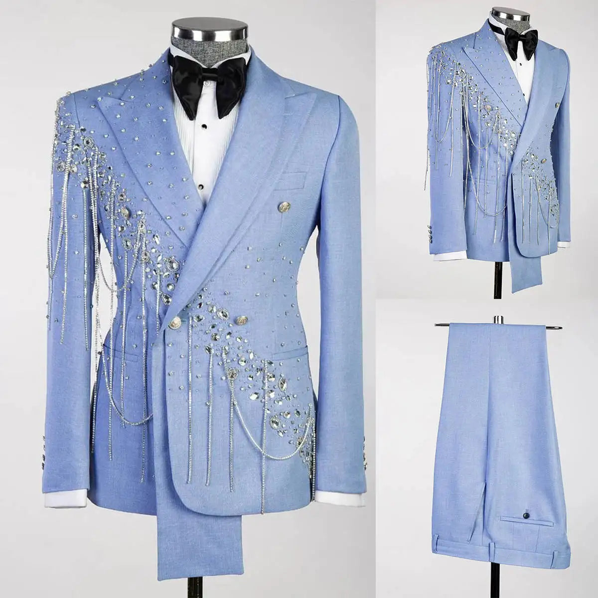 Modern Men Wedding Suits Peaked Lapel Single Breasted Tuxedos Crystal Chain Groom Party 2 Pcs Blazer Pants Customized Suit