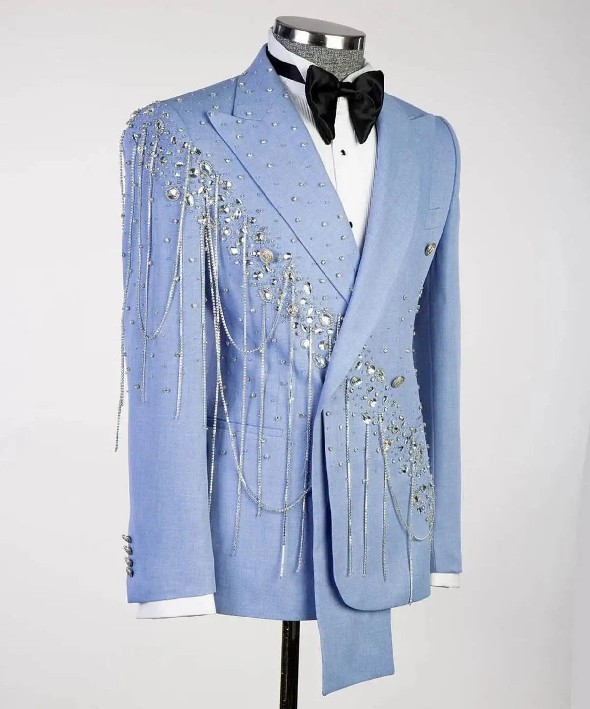 Modern Men Wedding Suits Peaked Lapel Single Breasted Tuxedos Crystal Chain Groom Party 2 Pcs Blazer Pants Customized Suit
