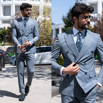 Modern Men's Suit 2 Pieces Blazer Pants Double Breasted Peaked Lapel Pinstripes Work Wedding Groom Formal Tailored Costume Homme