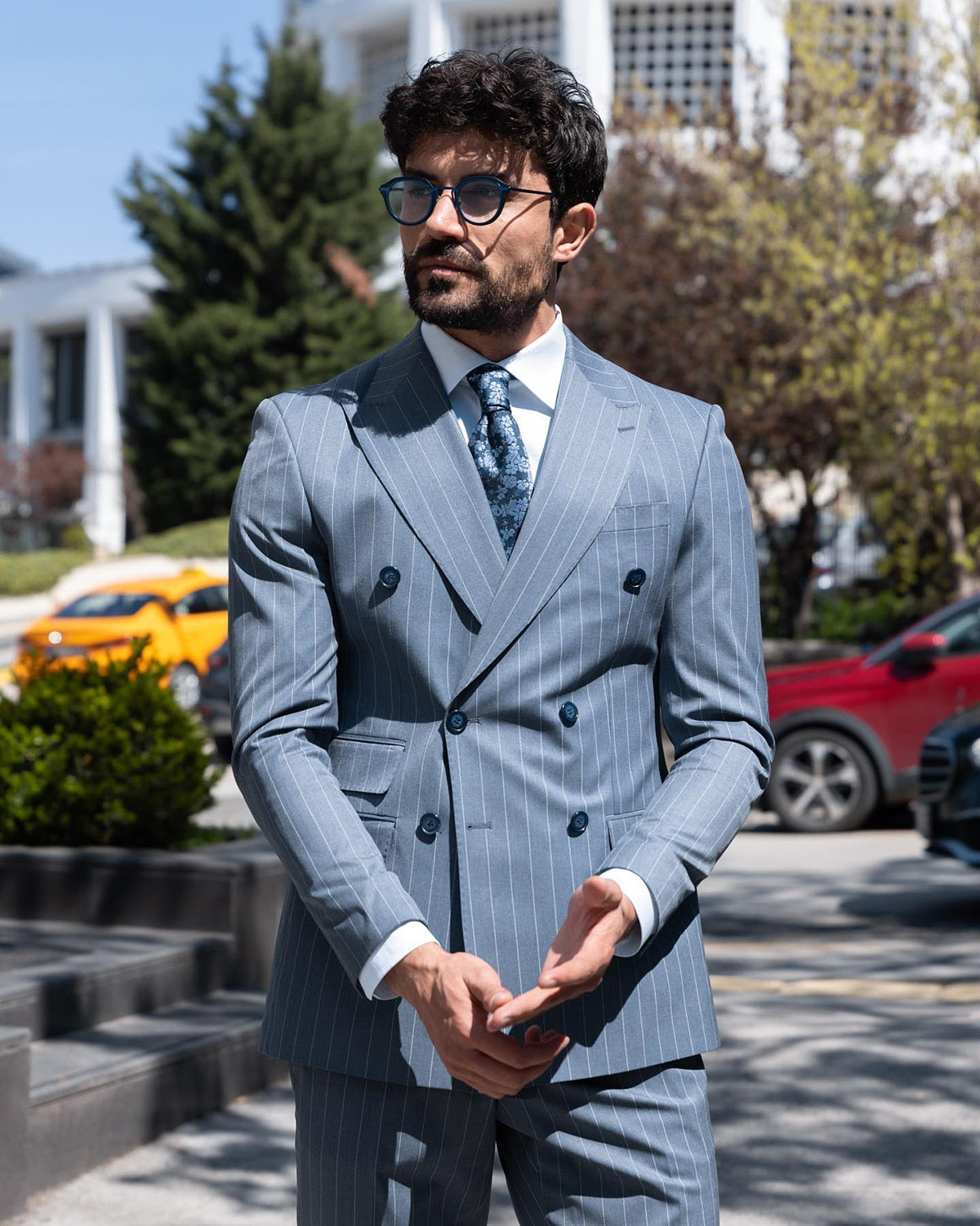 Costume homme moderne 2 pièces blazer pantalon croisé revers pointu rayures fines travail mariage marié formel costume sur mesure homme 