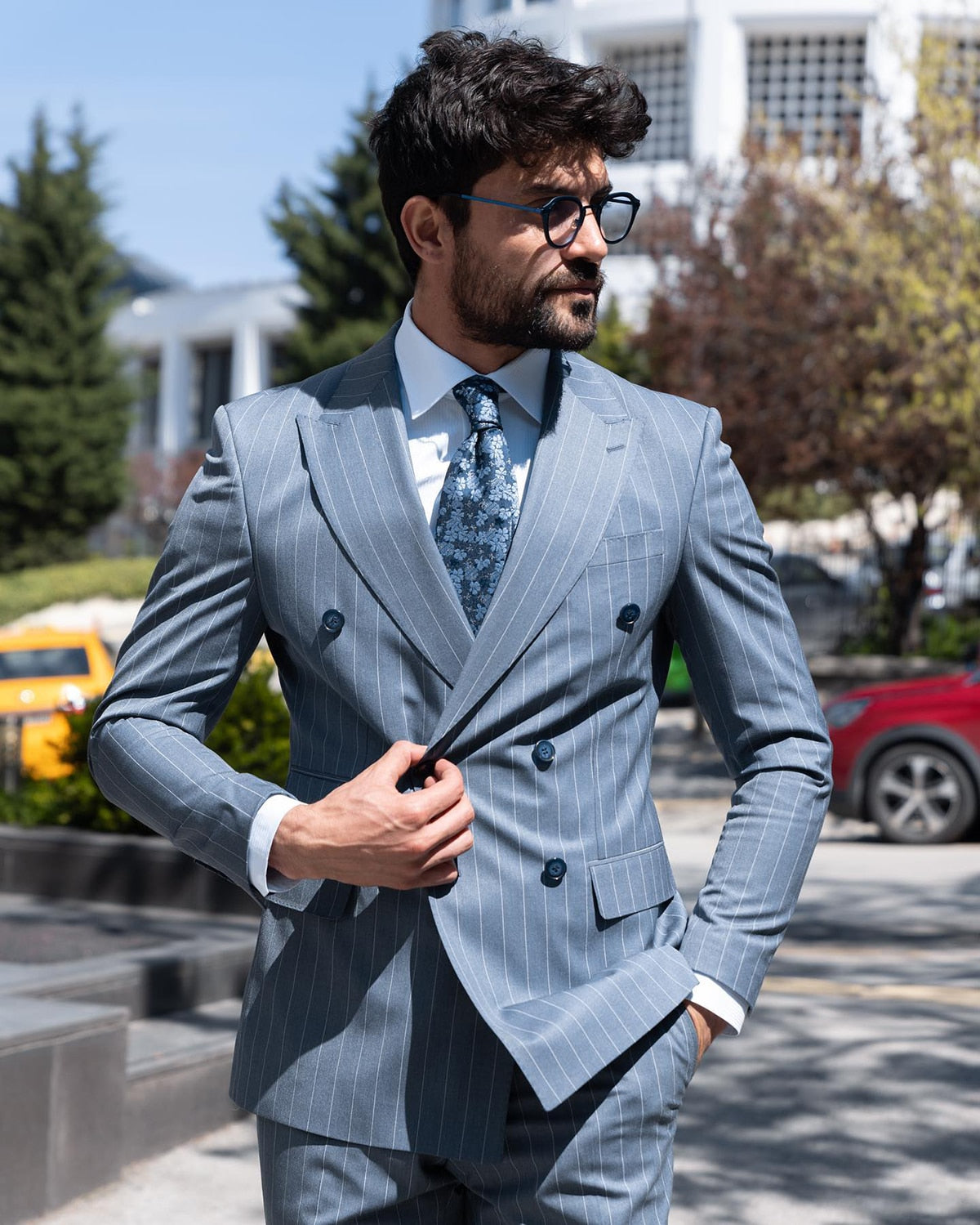Costume homme moderne 2 pièces blazer pantalon croisé revers pointu rayures fines travail mariage marié formel costume sur mesure homme 