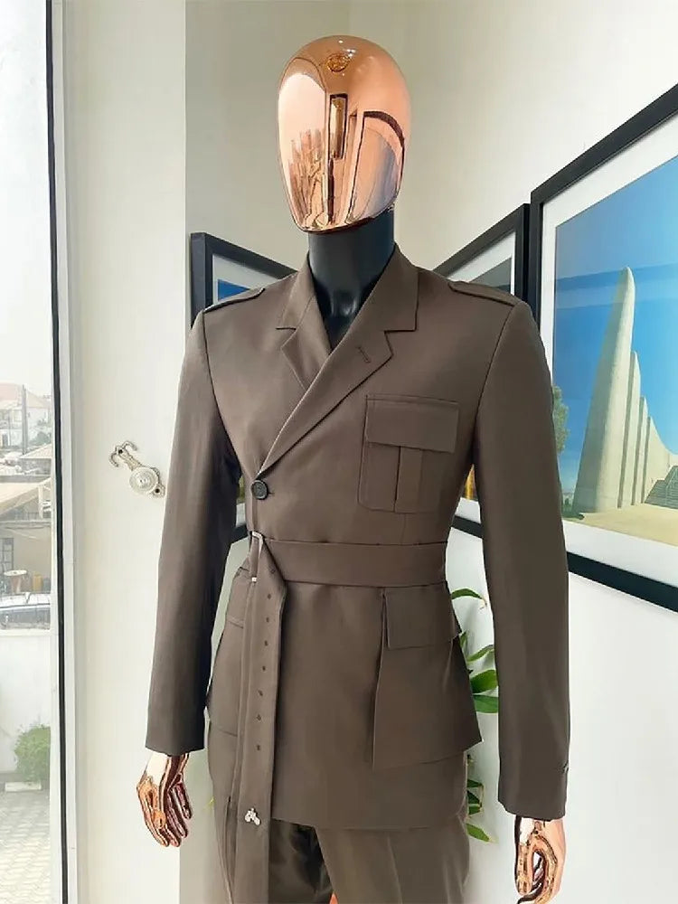 Trajes modernos para hombre, a medida, de 2 piezas, blazer, pantalón, botonadura sencilla, solapa de pico con cinturón, ropa formal de trabajo, hecho a medida, talla grande. 