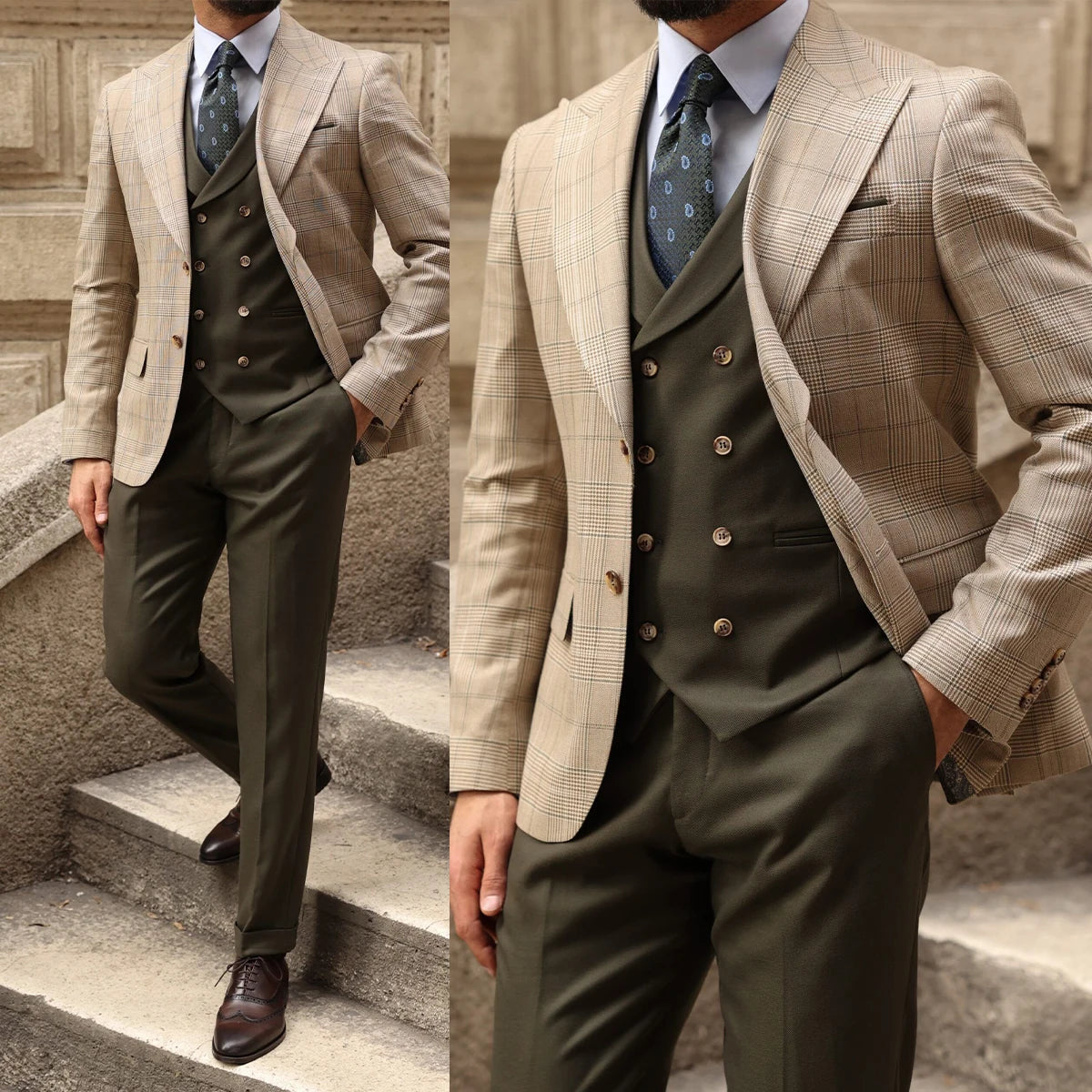 Trajes modernos para hombre, a medida, de 3 piezas, con blazer, chaleco y pantalón, de botonadura sencilla, solapa de pico, a cuadros, a rayas, para novio, hechos a medida, talla grande. 