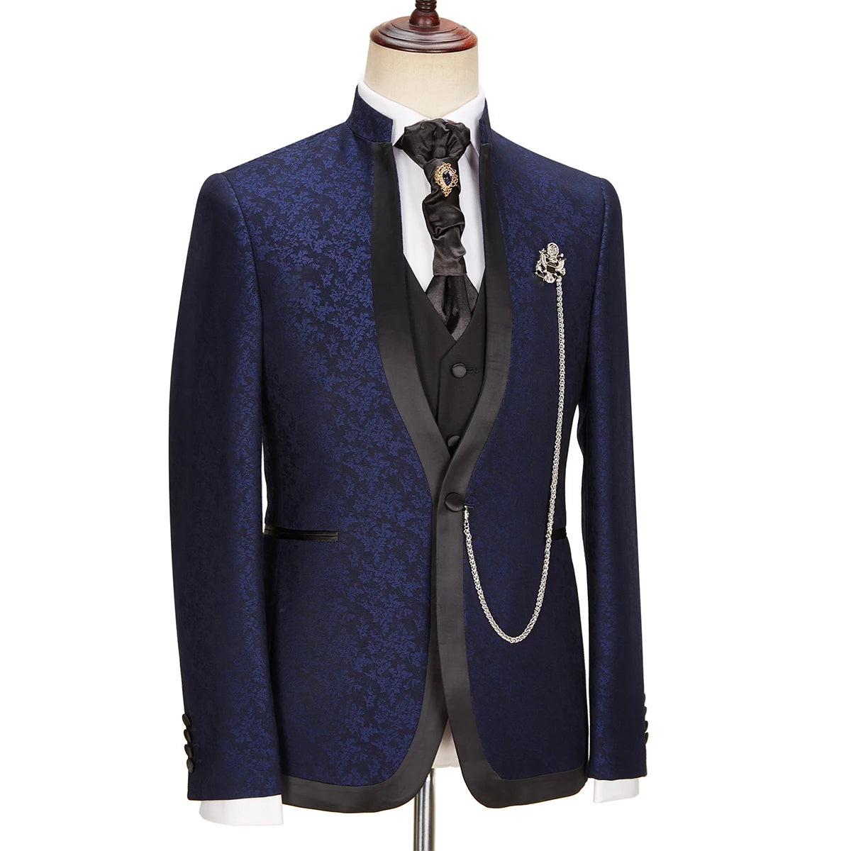 Trajes modernos para hombre, a medida, 3 piezas, blazer jacquard, chaleco negro, pantalón, un botón, sin solapa, para boda, formal, a medida, talla grande. 