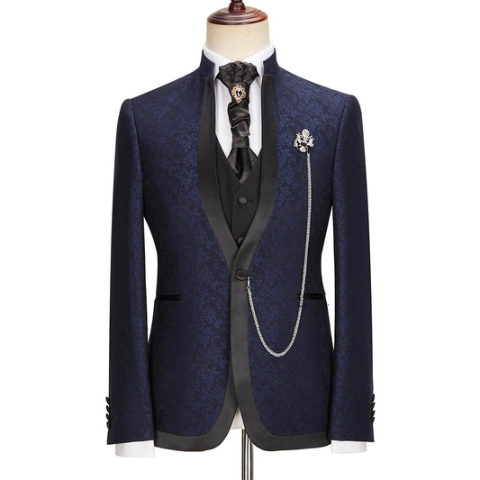 Modern Men's Suits Tailored 3 Pieces Jacquard Blazer Black Vest Pants One Button No Lapel Wedding Formal Custom Made Plus Size