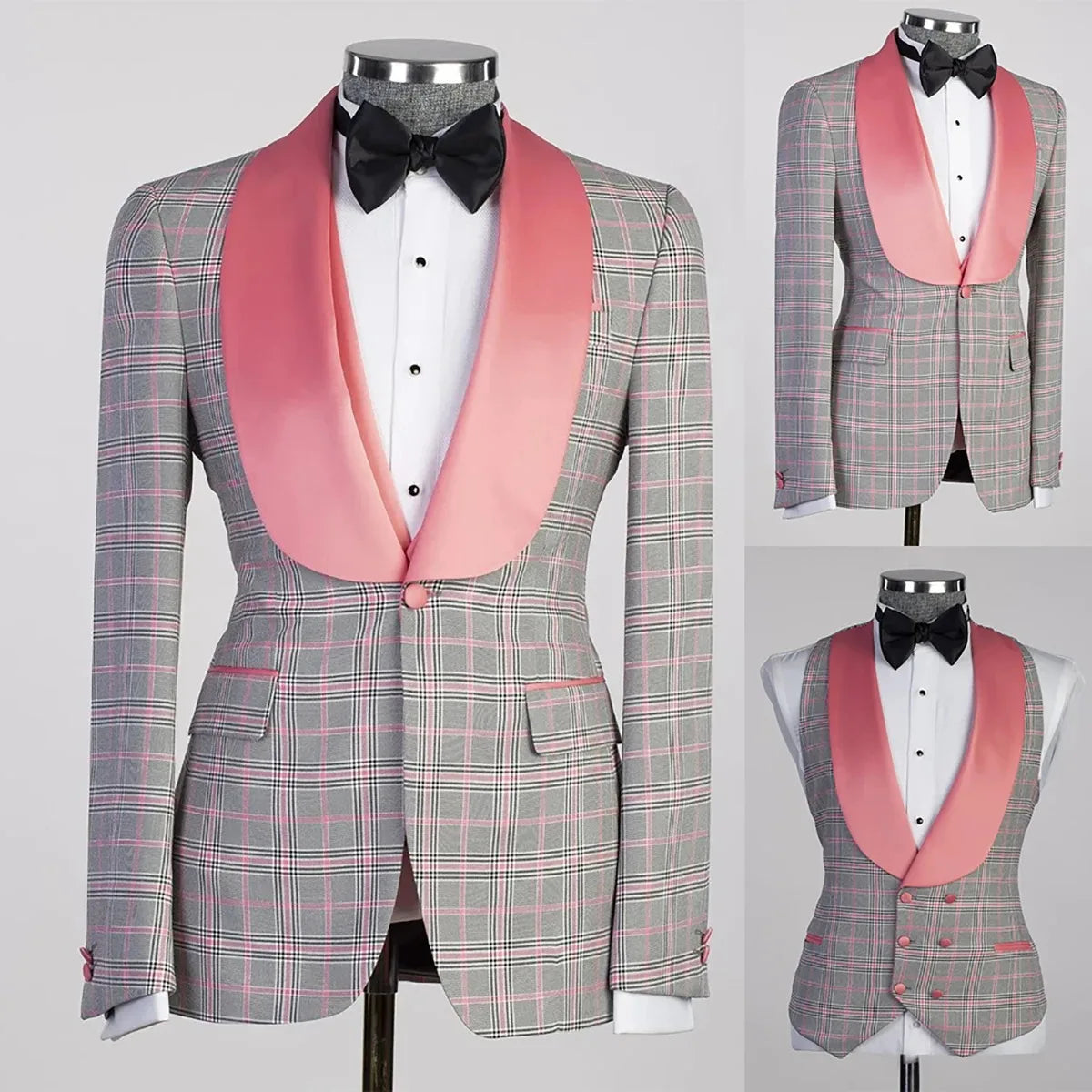Modern Plaid Men Wedding Suits Shawl Lapel Tuxedos For Groom 2 Pcs Blazer Vest For Party Business Costume Homme