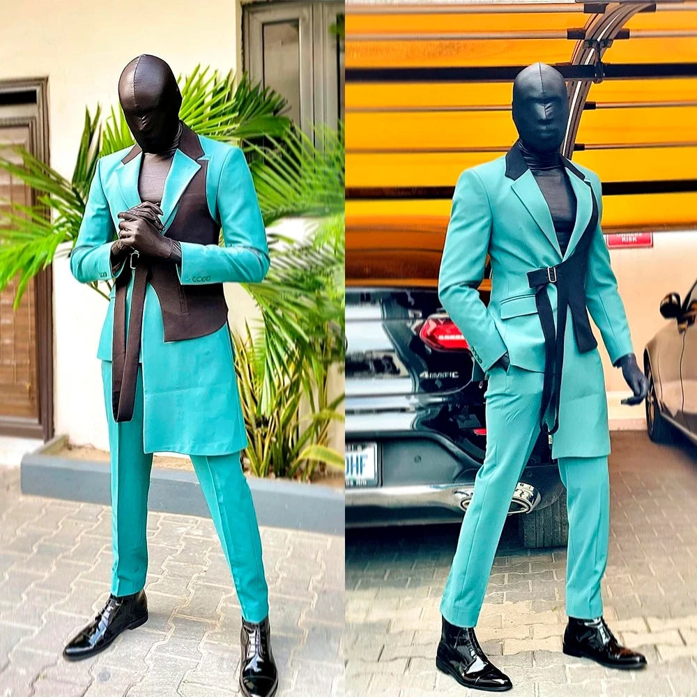 Men's Turquoise Long Coat Suit with Black Belt and High Gloss Shoes
