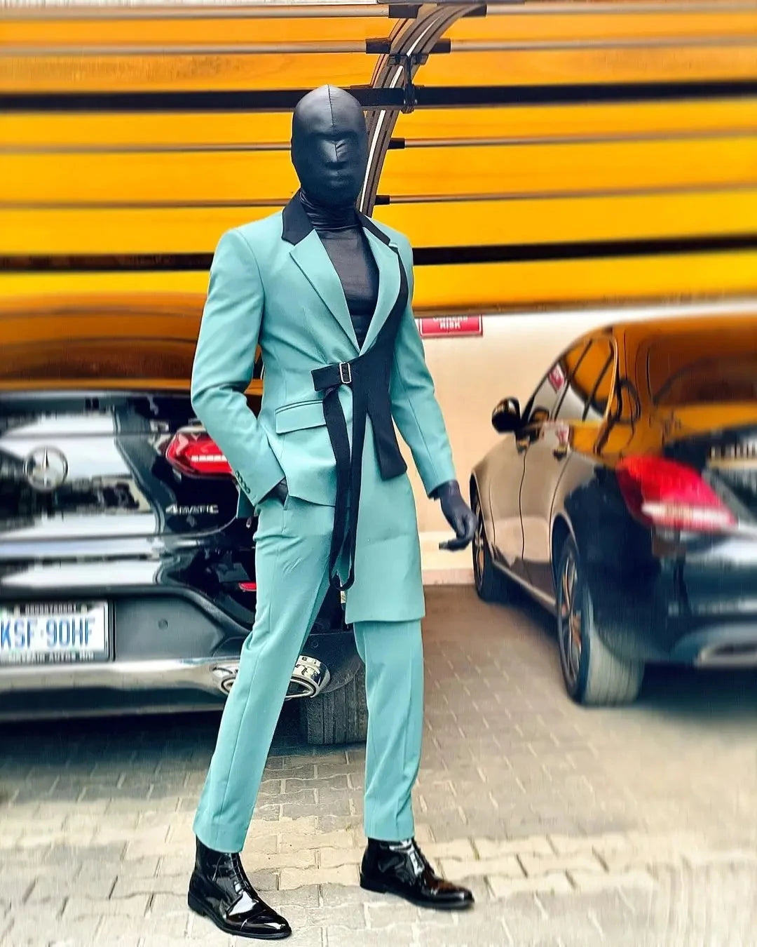 Men's Turquoise Long Coat Suit with Black Belt and High Gloss Shoes