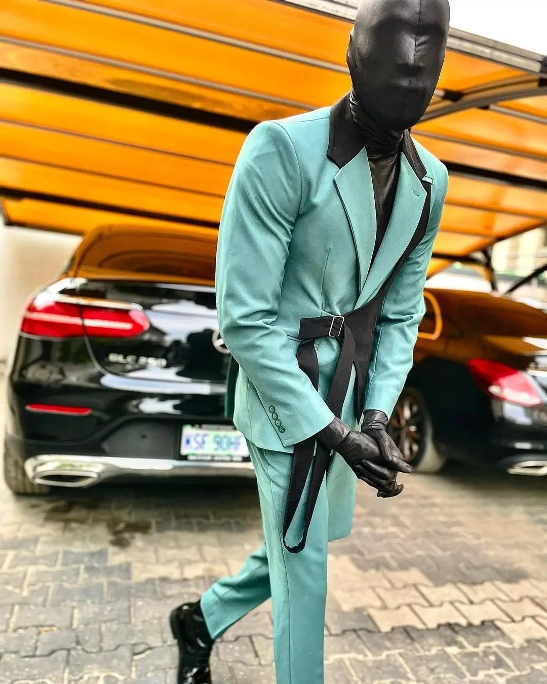 Men's Turquoise Long Coat Suit with Black Belt and High Gloss Shoes