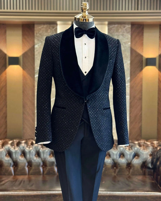 Trajes de boda modernos para hombre, a medida, de 3 piezas, blazer de terciopelo, chaleco, pantalón negro, solapa chal, personalizado, más esmoquin.