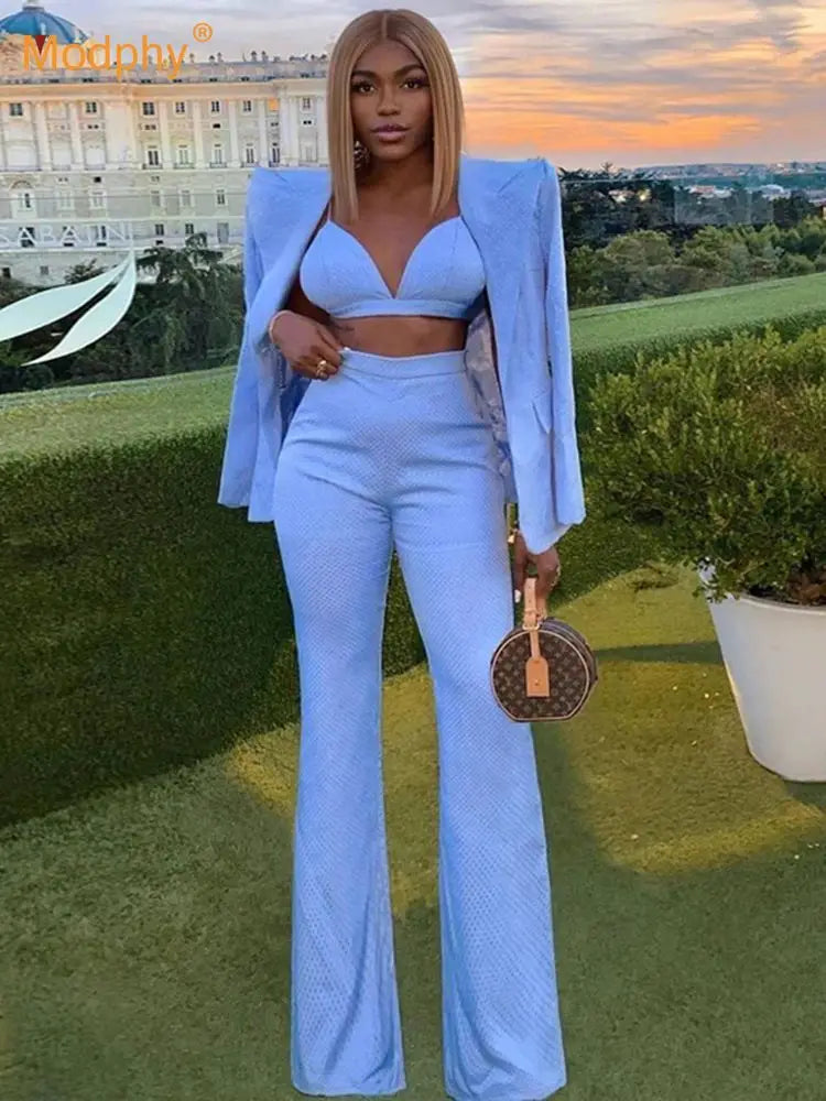 Ensemble élégant bleu et noir pour femme, 3 pièces, tenue de soirée, de travail, de bureau, veste, blazer, pantalon, haut