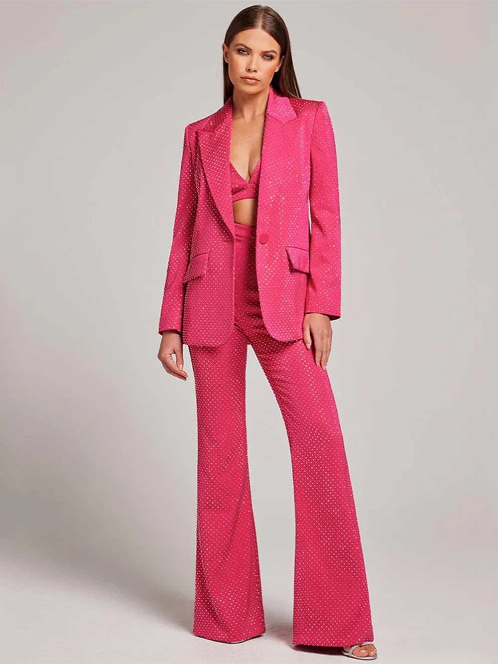 Ensemble élégant bleu et noir pour femme, 3 pièces, tenue de soirée, de travail, de bureau, veste, blazer, pantalon, haut