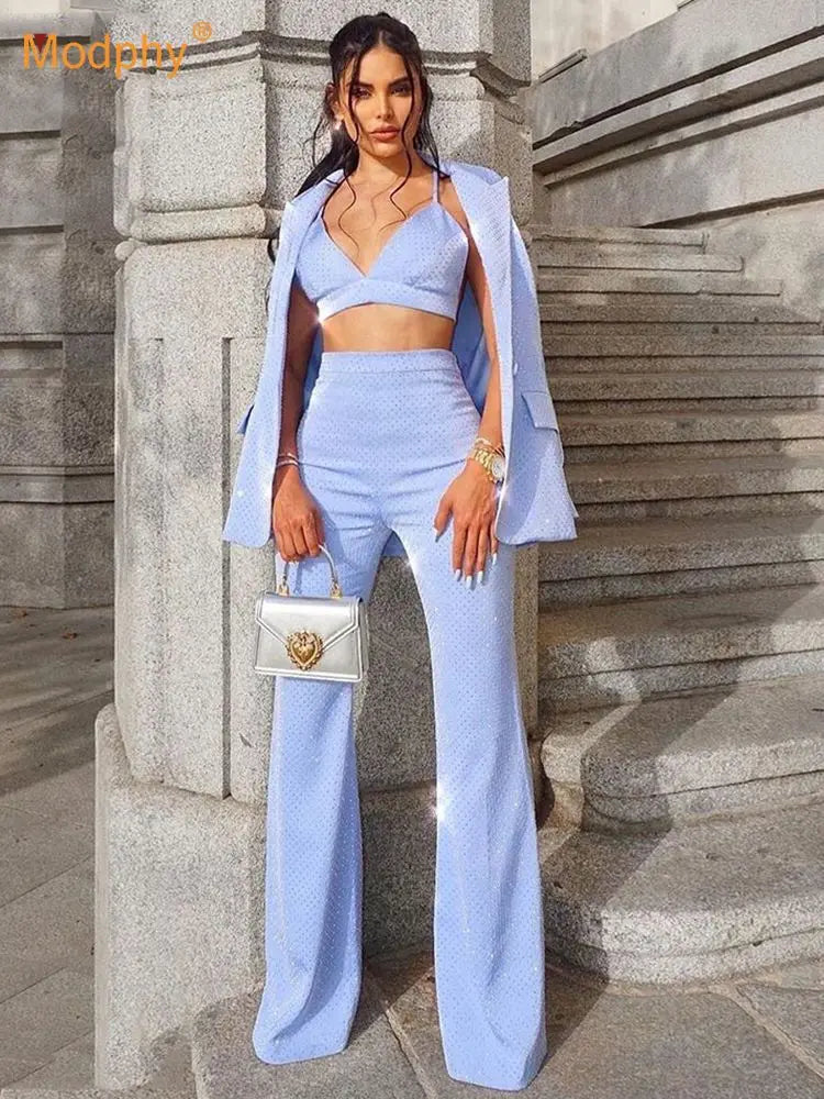 Ensemble élégant bleu et noir pour femme, 3 pièces, tenue de soirée, de travail, de bureau, veste, blazer, pantalon, haut