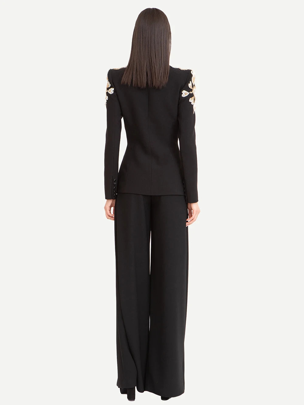 Conjunto de traje de mujer de dos piezas con blazer de diamantes de lujo negro y pantalón acampanado dividido.