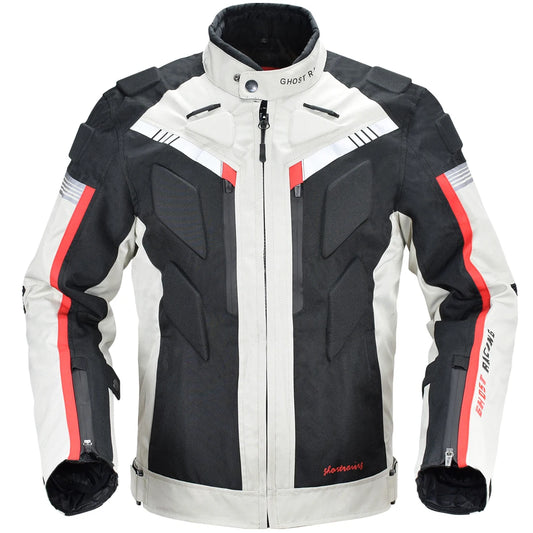 Chaqueta de moto Ghost Racing para hombre, en blanco y negro con detalles en rojo y acolchado protector.